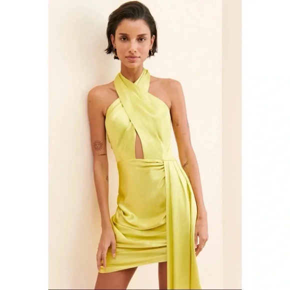 Elliatt Revolve Croatia Mini Dress Cocktail Party Crossover Halter in Citron - Picture 1 of 17